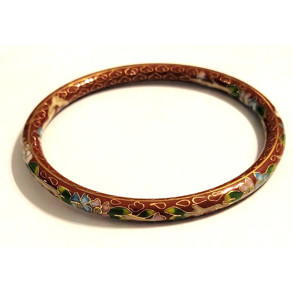 Vintage Red -Green/Gold/Blue Cloisonne Bangle Bracelet Asian Flowers
